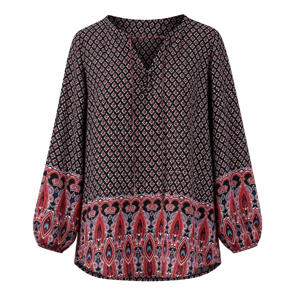 Time To Bloom Boho Paisley 3X Lace Up V-Neck Balloon‎ Sleeve Blouse Black hippie